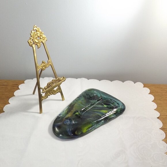 Vintage Art Glass Face Jaramillo Brothers Skydreamer Style Art with Brass Stand - Picture 5 of 10